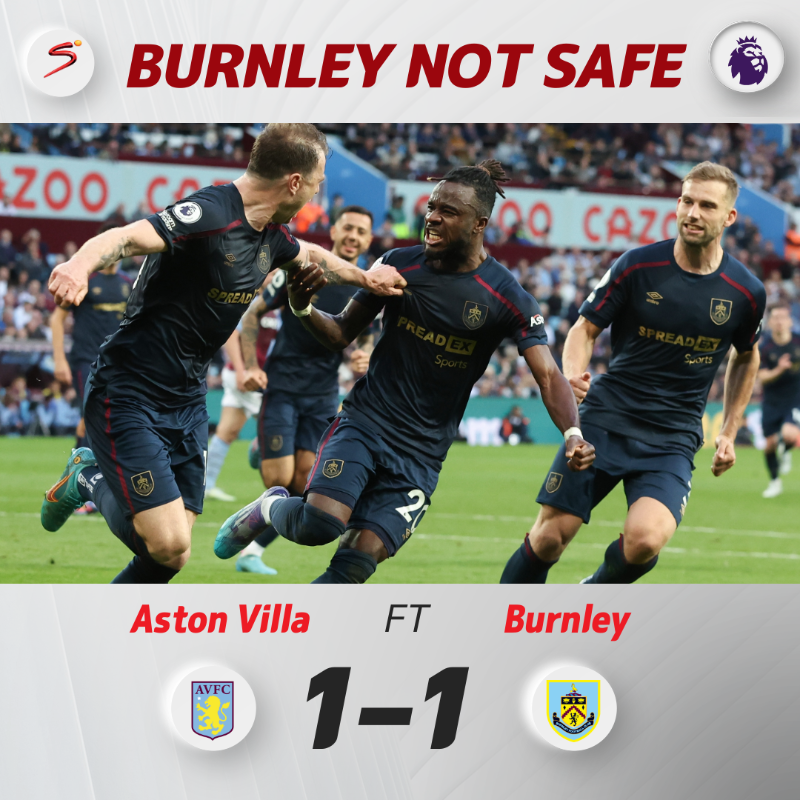 SuperSportTV's tweet photo. Burnley’s quest for Premier League survival is going to the final day as the playout to a draw at Villa Park. As it stands, only goal difference separates them and Leeds 😬