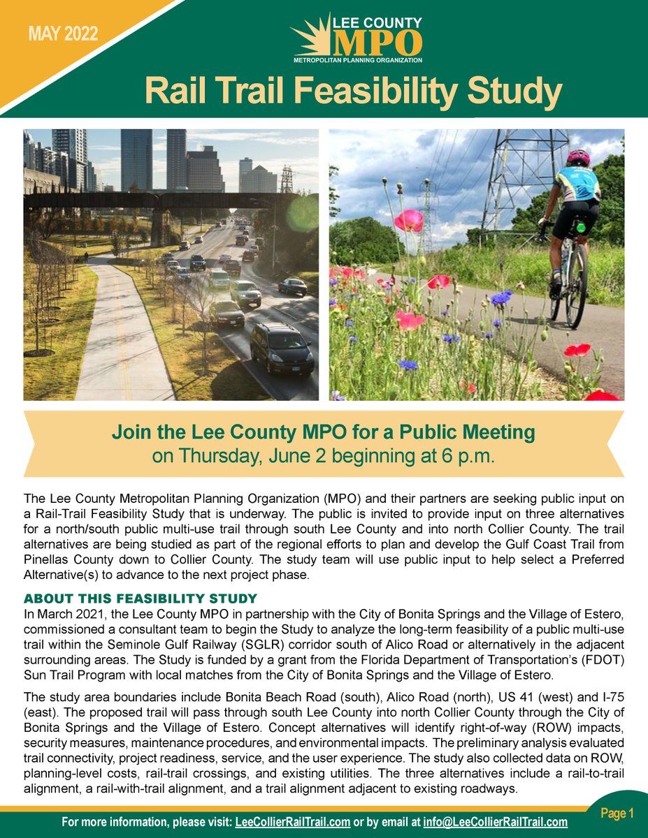 The Lee County Metropolitan Planning Organization (MPO) will hold a public meeting on Thursday, June 2, 2022 at 6 p.m. This meeting is being held to seek public input on a Rail-Trail Feasibility Study that is underway.
bit.ly/39Fvb1e