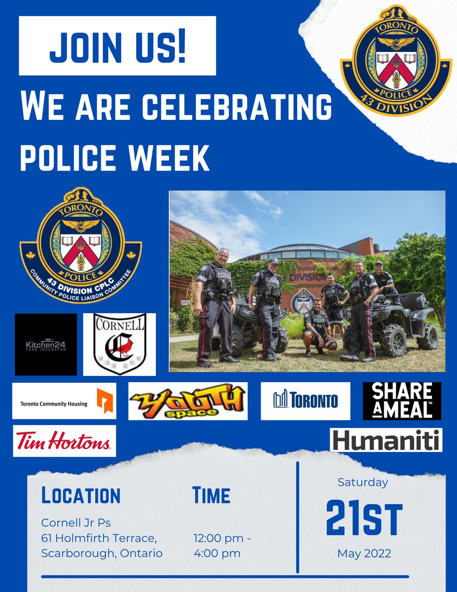 Come out and join us for an afternoon of fun, food and education! Officers and members from different units (ie. Mounted and Marine) from Toronto Police will be there to talk about their roles. 
Challenge officers to games of basketball, soccer and flag football!