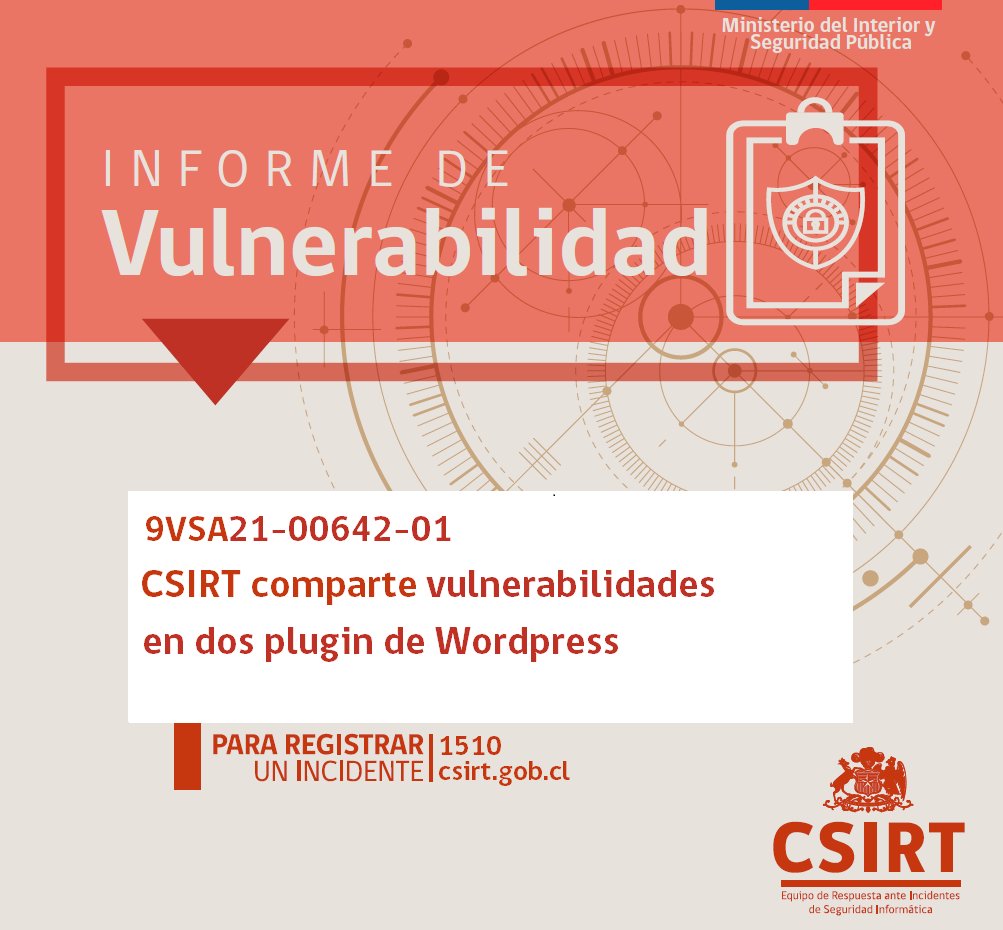 El CSIRT de Gobierno (#CSIRTGob) advierte de nuevas vulnerabilidades que afectan a dos plugins de #Wordpress, #Tatsu y #Jupiter. Más detalles: csirt.gob.cl/vulnerabilidad…
