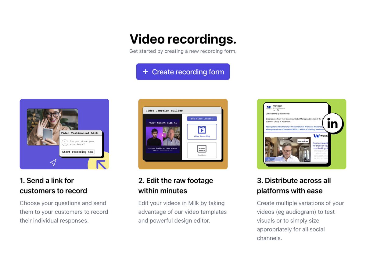 Today we launched video recording forms!

Milk Video can now be your operating system for user generated content. 

Stop using a mix of tools, and make Milk Video your one place to collect, edit and share all of your client video testimonials.