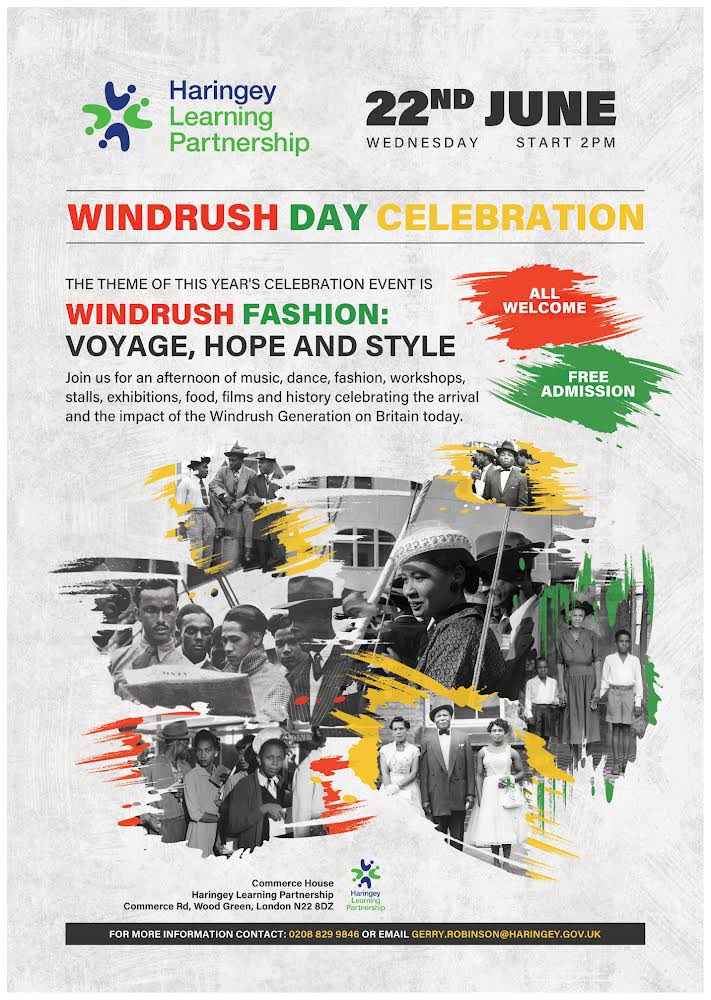 HaringeyLP's tweet photo. Save the date! Join us for this year’s #WindrushDay celebration at HLP on 22nd June. Our theme this year is Windrush fashion - voyage, hope &amp; style. It promises to be a brilliant afternoon! @haringeycouncil @DavidLammy @CatherineWest1 @perayahmet @AJogee @HaringeyEduc https://t.co/bkSJKsNeEN