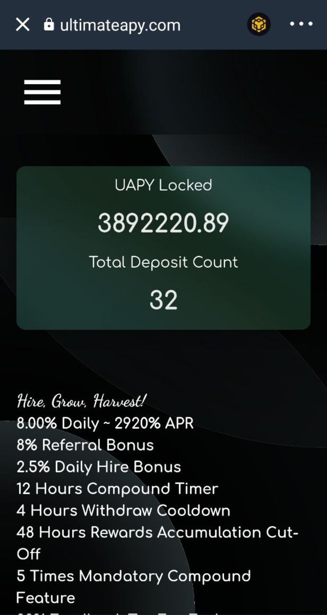 <a href="/ultimateapy/">The UltimateAPY Project</a>
New Design for our UAPYfarm 🔥

 #UltimateAPY Ecosystem

💻 Dashboard live
⛏️ $UAPY miner live
🔥 3,1Mill Token burned
🐂 UAPYfarm live

💰 UAPY Token 
poocoin.app/tokens/0xa83de…

👉 UAPYfarm
ultimateapy.com/uapyfarm/

📱Telegram
t.me/ultimateApy
