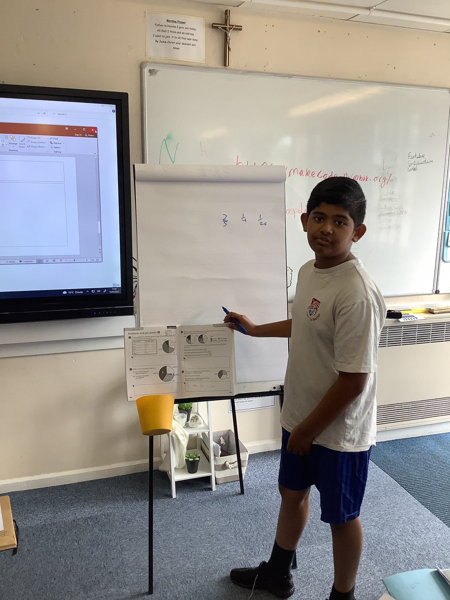 SJBsolihull's tweet photo. Our year 6 #Superstar Ritchie explaining a tricky fractions and pie charts question. #PowerMaths #SJBMaths @OurLadyandAllS1 ๐ https://t.co/IY0KzUlrnG