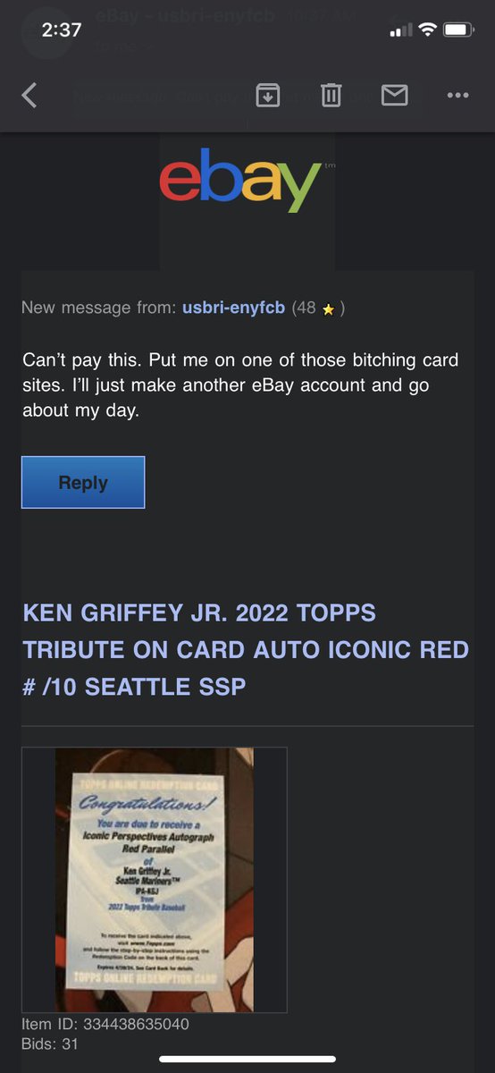 702Breakers's tweet photo. Gotta love that this is ever allowed or people are ever allowed to get to this level of douche on the @ebay platform… think it’s time to require bank accounts be linked to buyer’s eBay accounts for auto-pay. @WatchTheBreaks @AskeBay #thehobby #ebayscam @ebaynaughtylist https://t.co/nEUt0jSzsS