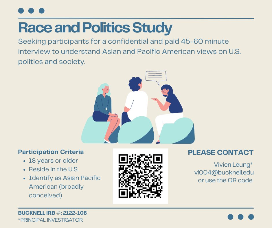 ‼️RT appreciated‼️
Seeking Asian Am folks for a study on stereotypes and politics! Are you an East/South/Southeast/Pacific Islander American in the U.S. and interested in chatting about your experiences? If so, please fill out: bucknell.co1.qualtrics.com/jfe/form/SV_6F… 

I will be in touch!