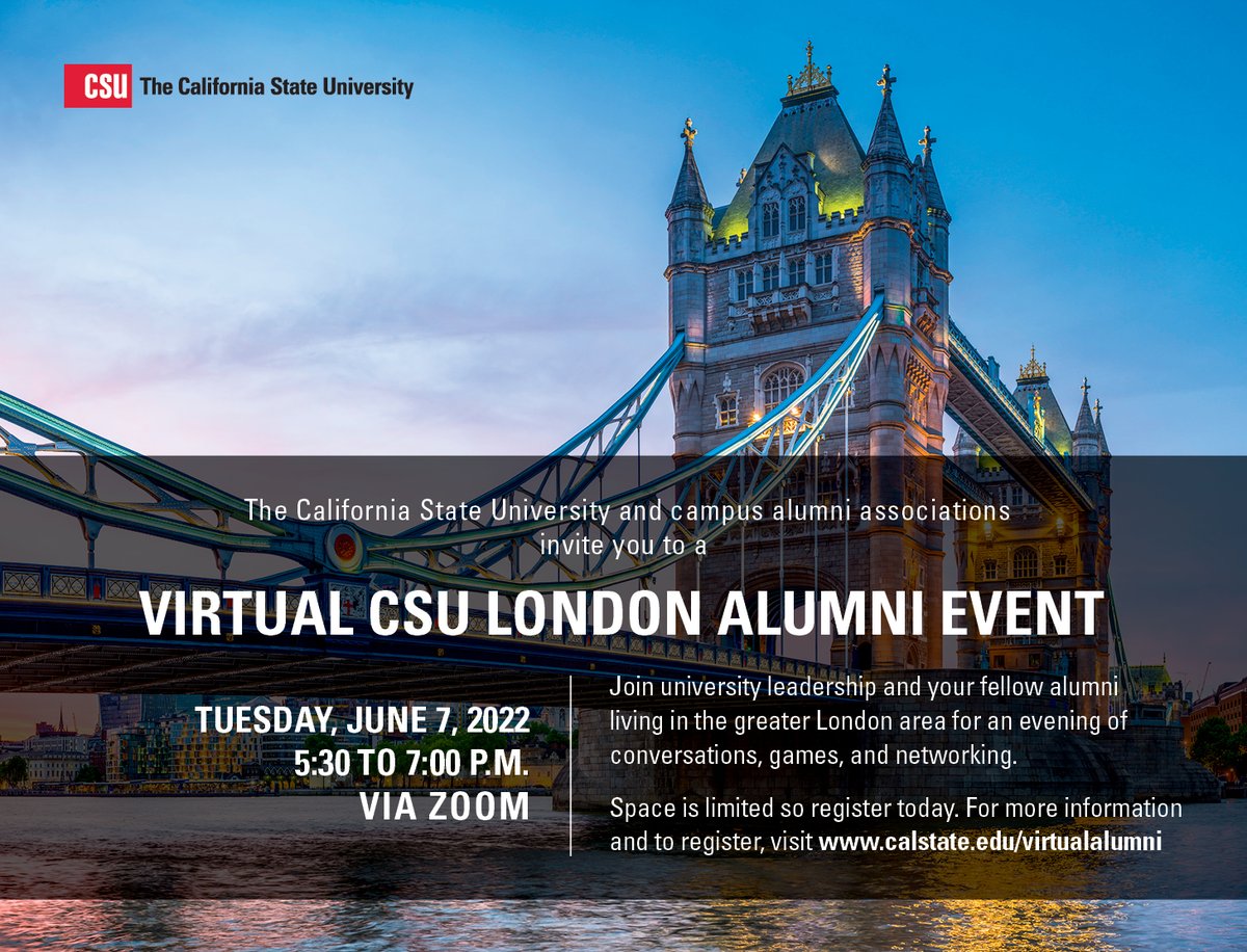 CalStateLAalum's tweet photo. The California State University is hosting a virtual event for alumni who live in the greater London area. 
Date: Tuesday, June 7, 2022
Time: 5:30 - 7:00 p.m. BST
https://t.co/UCVUAXY4LP https://t.co/DCuePybVqY