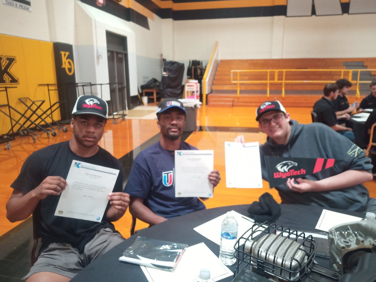 k_gaas's tweet photo. After one of the toughest school years, there is a silver lining. Today I had 3 of my students attend our first CTE signing day. These 3 young men have chosen to attend trade schools after graduation. One to Universal Technical Institute (UTI) and two to WyoTech. https://t.co/LmNb8L1tl0
