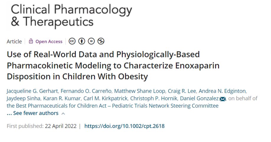 CarlkRx's tweet photo. A big congratulations to PhD student, Jacqui Gerhart @UNCPharmacy for her paper on enoxaparin disposition in children with obesity. Thanks for  the opportunity to collaborate and be a co-author on this impactful work! #pharmacometrics #clinicalpharmacology https://t.co/iz8MSuE8C2