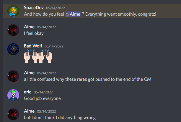AimeSolana's tweet image. People need to understand this guy is making up his own narrative. No one planned for the rares to get pushed to the end of the CM. When it was brought to my attention I immediately got in touch with other devs to figure out the issue. Here are screenshots from our end.