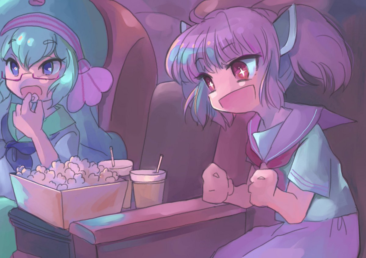 touhoku kiritan popcorn multiple girls 2girls glasses food sailor collar twintails  illustration images