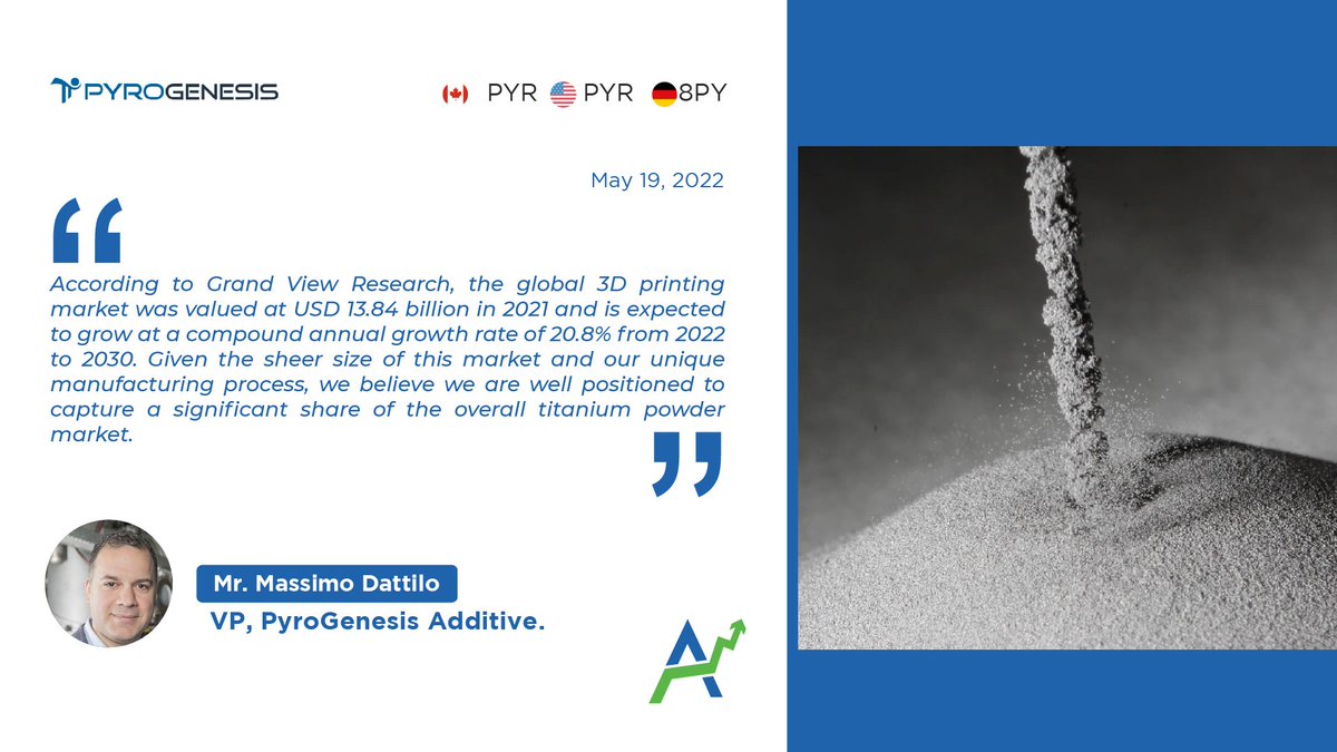 AGORACOM's tweet photo. NEWS... @PyroGenesisCan $PYR Announces Receipt and Completed Production of 100kg #TitaniumPowder Order for #3DPrinting from Aubert &amp; Duval

➡️ Supplying plasma atomized titanium #powders to #AdditiveManufacturing Market in Europe

$GGG $TTD

https://t.co/7ThXGxDaEe https://t.co/nF10X48MWh
