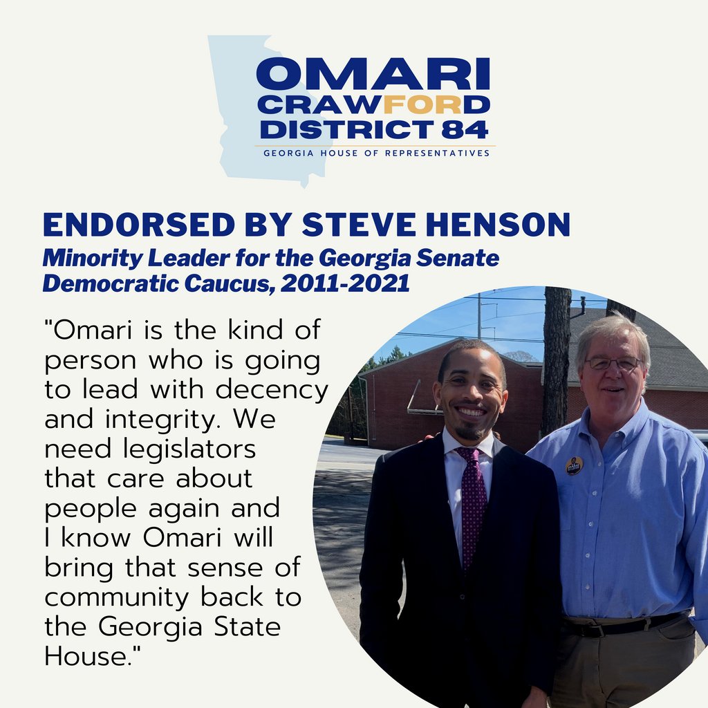 I'm proud to be endorsed by Mr. Steven Henson, the former minority leader for Georgia's Senate Democratic Caucus. I hope to take our shared values of integrity and passion for community to the Georgia State House. #OmariFor84 #VoteForOmari #FromDeKalbForDeKalb