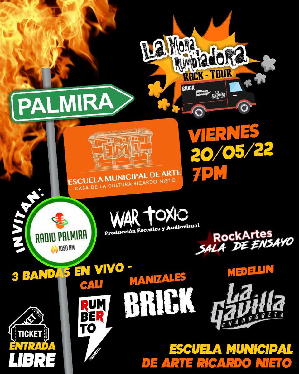 Palmira 🔥🔥🔥🔥

Listos para la fiesta rockera junto a <a href="/rumbertoriginal/">Rumberto</a> <a href="/gavichangoreta/">Gavilla Changoreta</a> <a href="/BrickOficial/">Brick Oficial</a> en 7 PM 

Gracias a <a href="/RadioPalmira105/">radiopalmira1050</a> <a href="/wartoxicoficial/">wartoxic oficial</a> 

#BrickOficial #Vital #MeraRumbiadera