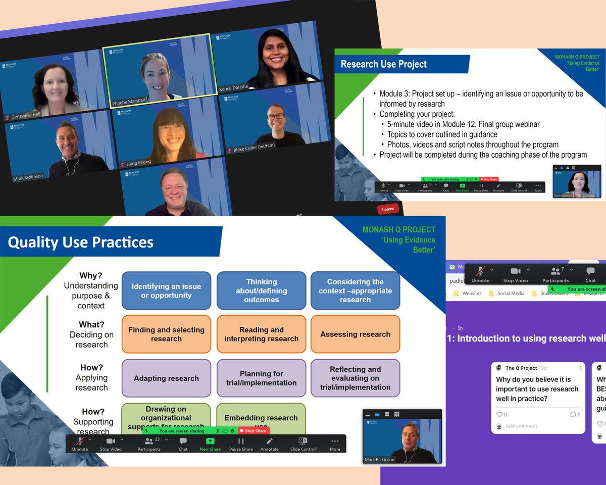MonashQLab's tweet image. Our first live webinar in our first trial PL course!🎉
What wonderful engagement and helpful feedback - a great start to the program. 💥
Thank you to our trial 1 participants for their thoughtful contributions &amp;amp; genuine commitment to #UsingResearchWell in practice. 🙏💛 #QURE