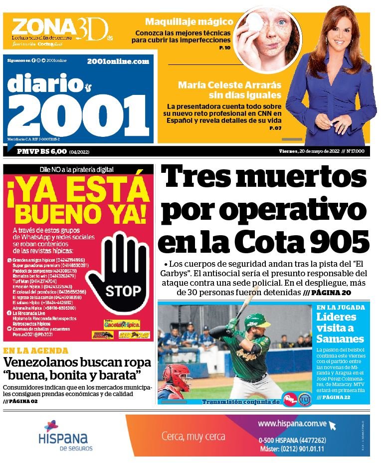 ¡Muy buenos días para todos!
Esta es nuestra portada de hoy #viernes #20mayo en la edición impresa de 2001. Busca tu ejemplar en toda Gran Caracas. ¡Siempre contigo! Amplía estas y otras noticias en nuestra página web: 2001online.com