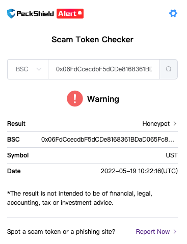 PeckShieldAlert's tweet photo. #PeckShieldAlert #honeypot PeckShield has detected $UST Unstable Terra is honeypot. Do *NOT* fall prey to it! #LUNAtics @LFG_org @terra_money 
Unstable Terra Contract address: 0x06fdccecdbf5dcde8168361bdad065fc8515923e https://t.co/VFUeoBiCdi