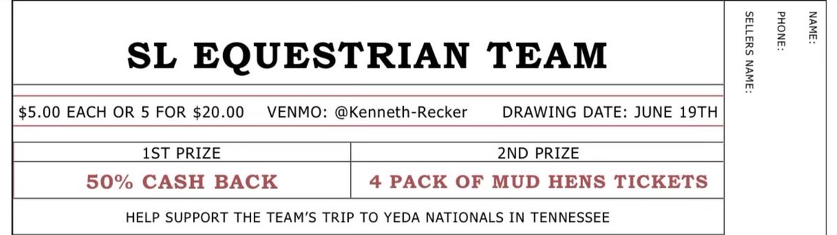Ella is going to YEDA Nationals in Tennessee with her SL Equestrian Team. We are selling 50/50 raffle tickets to help off set some of the cost. 
If you would like to support our team and buy some tickets,please let us know. I have VENMO.