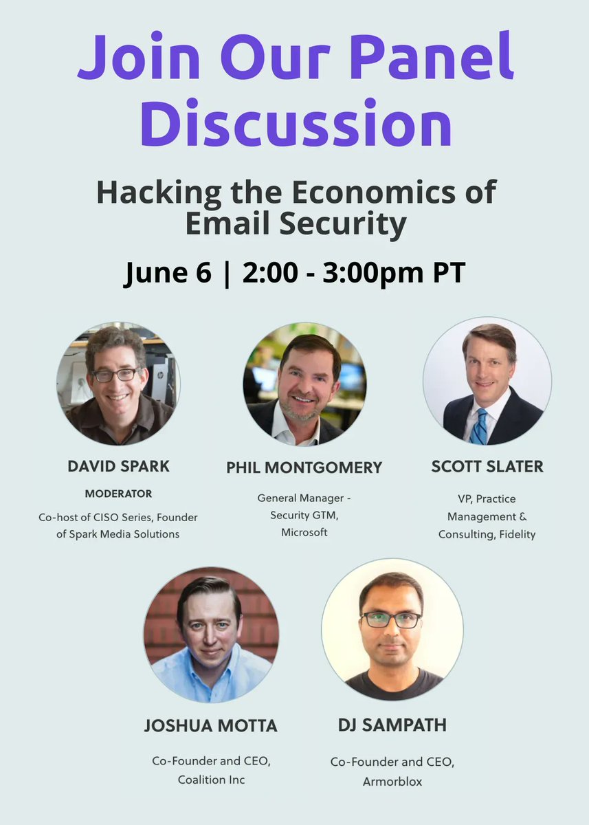 armorblox's tweet photo. Join #Armorblox, on June 6 at 2 p.m for a panel discussion on “Hacking the Economics of Email Security”, moderated by @davidspark, host of #CISOseries, with experts from Microsoft, Fidelity, Coalition Inc., and Armorblox.
https://t.co/AJgojHJch6

#CISOseries #RSAConference https://t.co/31HnaR5Kla