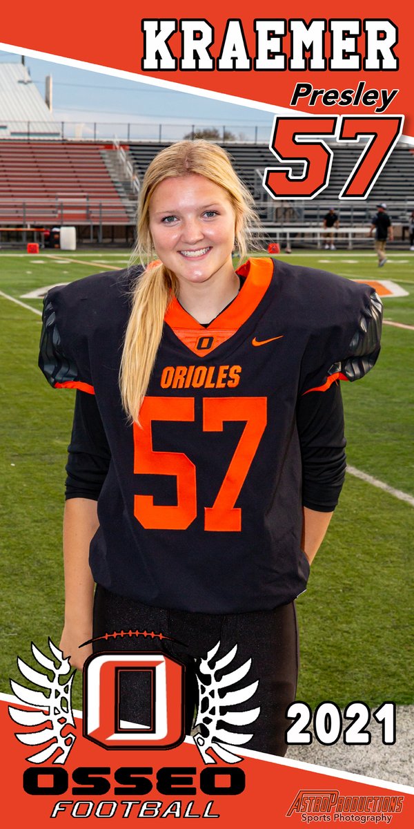OsseoSports's tweet photo. For the first time, we have 4 senior banners for one player. 
Presley Kramer makes history as the first Girl to play an action football game for Osseo Football as the kicker. Congrats Presley! @OSHorioles @ryanstockhaus1 @opcgirlshockey @OPCLAX @OSHGirlsSoccer https://t.co/CJW3UNnJdU