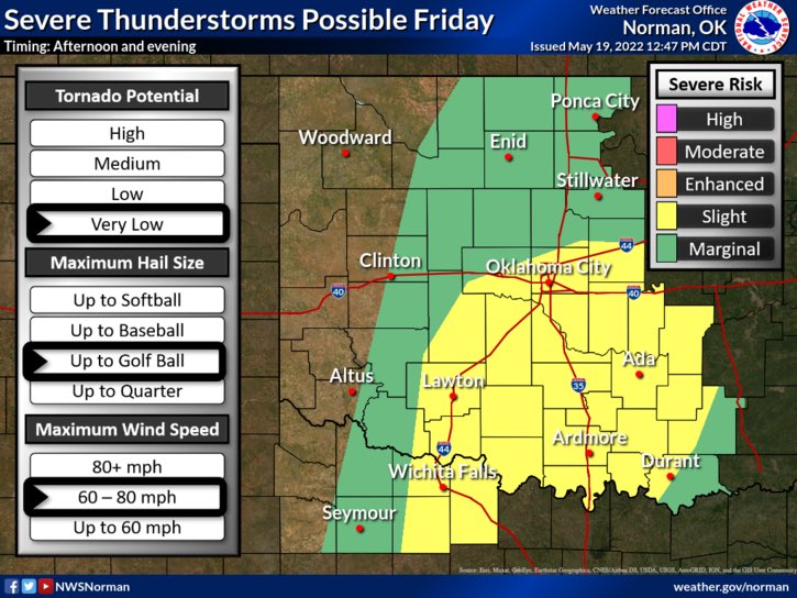 🚨SEVERE WEATHER UPDATE🚨

Tomorrow afternoon and evening will bring a slight risk of severe weather for Pottawatomie County. Main hazards will be large hail and damaging winds, the tornado risk is very low. Watch for updates tomorrow. #okwx #pcoem