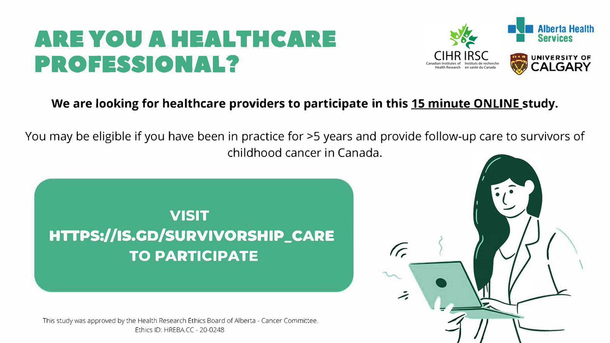 Calling all providers and practitioners who serve survivors of childhood cancer! Researchers <a href="/UCalgary/">U Calgary</a> <a href="/SchulteFiona/">Fiona Schulte, PhD</a> <a href="/sharonhjhou/">Dr. Sharon HJ Hou, R. Psych. (she/her)</a> are looking for your input regarding aftercare. Please consider participating if you haven’t already 👩‍⚕️📋