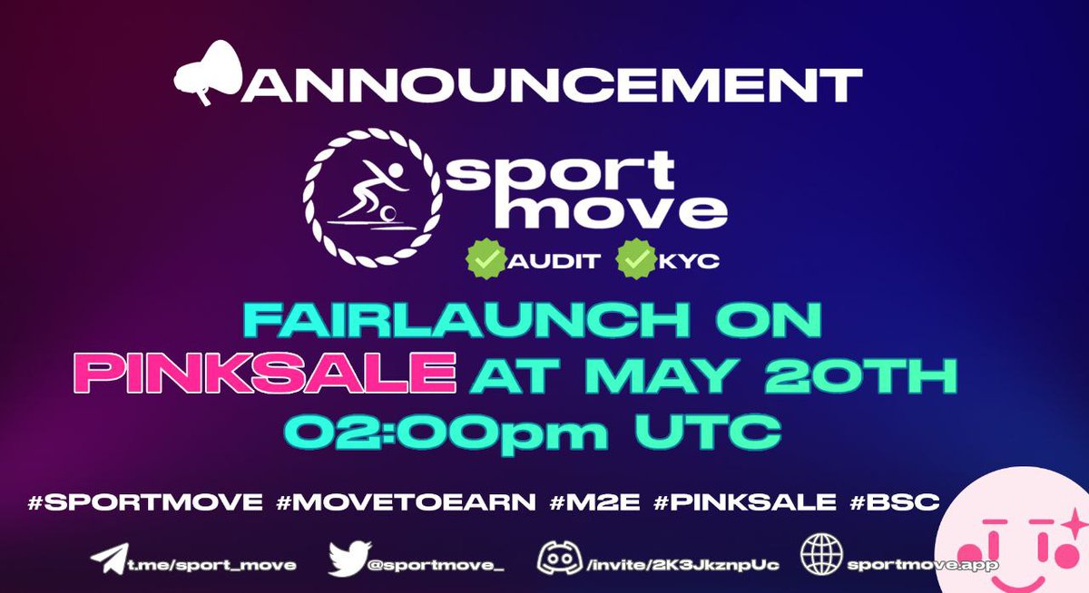 #sportmove #Move2earn #BSC #BTC #BNB 

 #MoveToEarn Projects are on 🔥

 helps encourage people to change their sedentary routines &amp; have a more active &amp; healthy life🚀
✅KYC+AUDIT
✅#CMC &amp; #CG in process
✅#CERTIK &amp; #CEX soon

💰Fees: 0% BUY &amp; SELL👀

pinksale.finance/launchpad/0x80…
