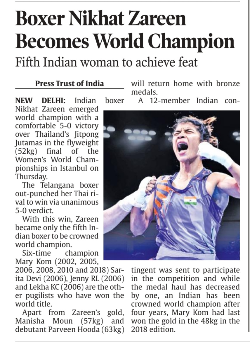 Abhi_Sheikh5064's tweet photo. #FridayMotivation #Indian #boxer @nikhat_zareen becomes world #champion following the legacy of @MangteC, with an unanimous 5-0 victory. Congratulations 🎊 👏 #NikhatZareen . https://t.co/HlBgLBpr0K