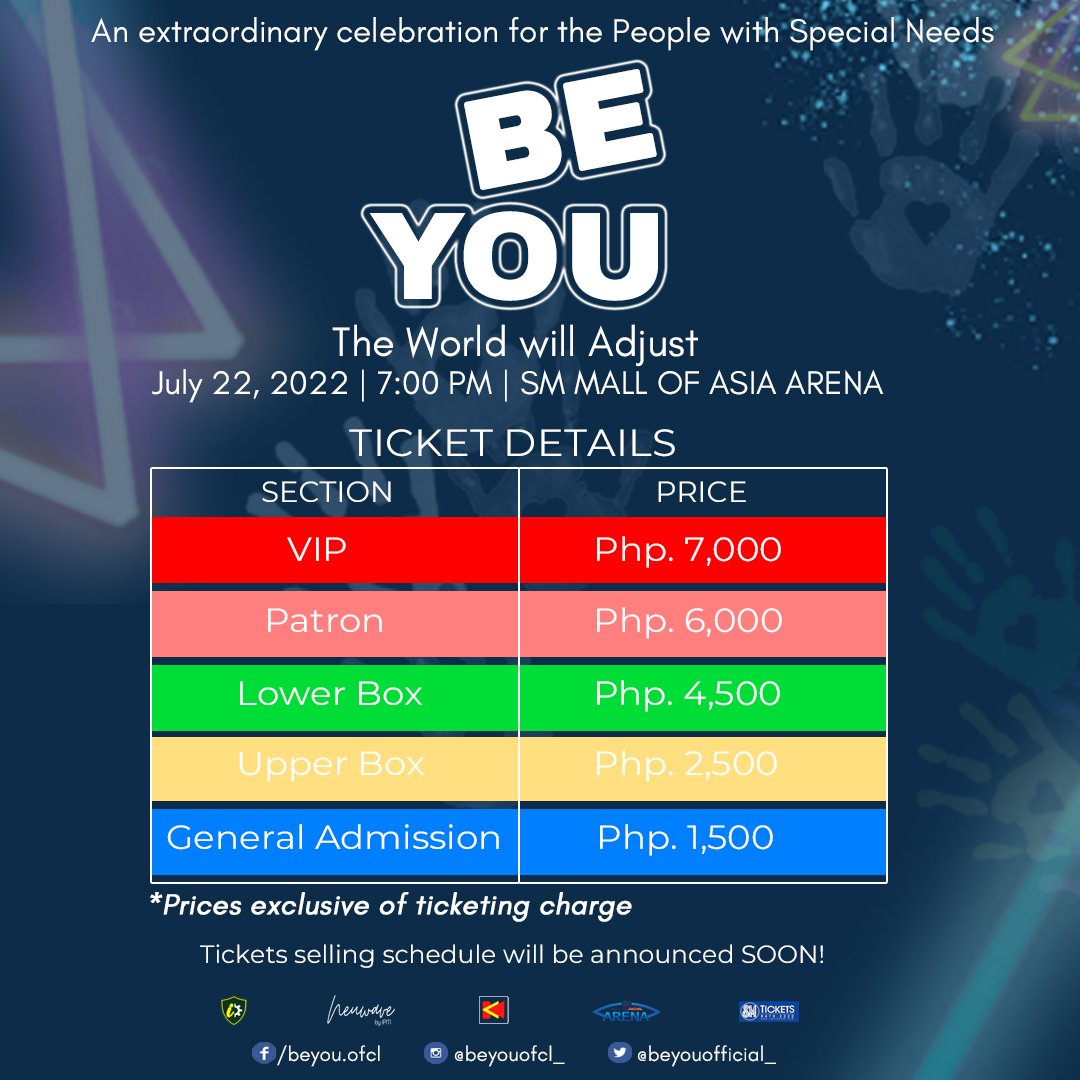 philconcerts's tweet photo. Ticket prices now out for "BE YOU" The World Will Adjust - An extraordinary celebration for People with Special Needs! 

Ticket selling schedule will be announced soon 🎟️

#BeYou will feature RED VELVET, BGYO, BINI, and Lady Pipay on July 22 at the @MOAArena 

@beyouofficial_ https://t.co/NPBveU1oqJ