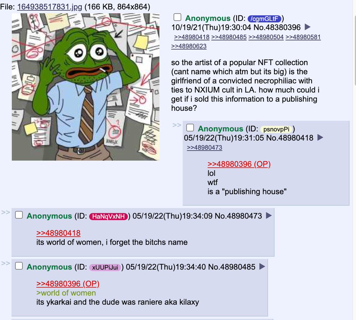 coaseyx's tweet photo. a horrible day in NFT land. if this is how we shall go down, i choose to accelerate

here is a thread proving @worldofwomennft is inspired from images of murdered women in their last days, with the artist @YKarkai directly associated with NXIVM cult leader Keith Raniere

1/🧵 https://t.co/4Td9w9KJX3