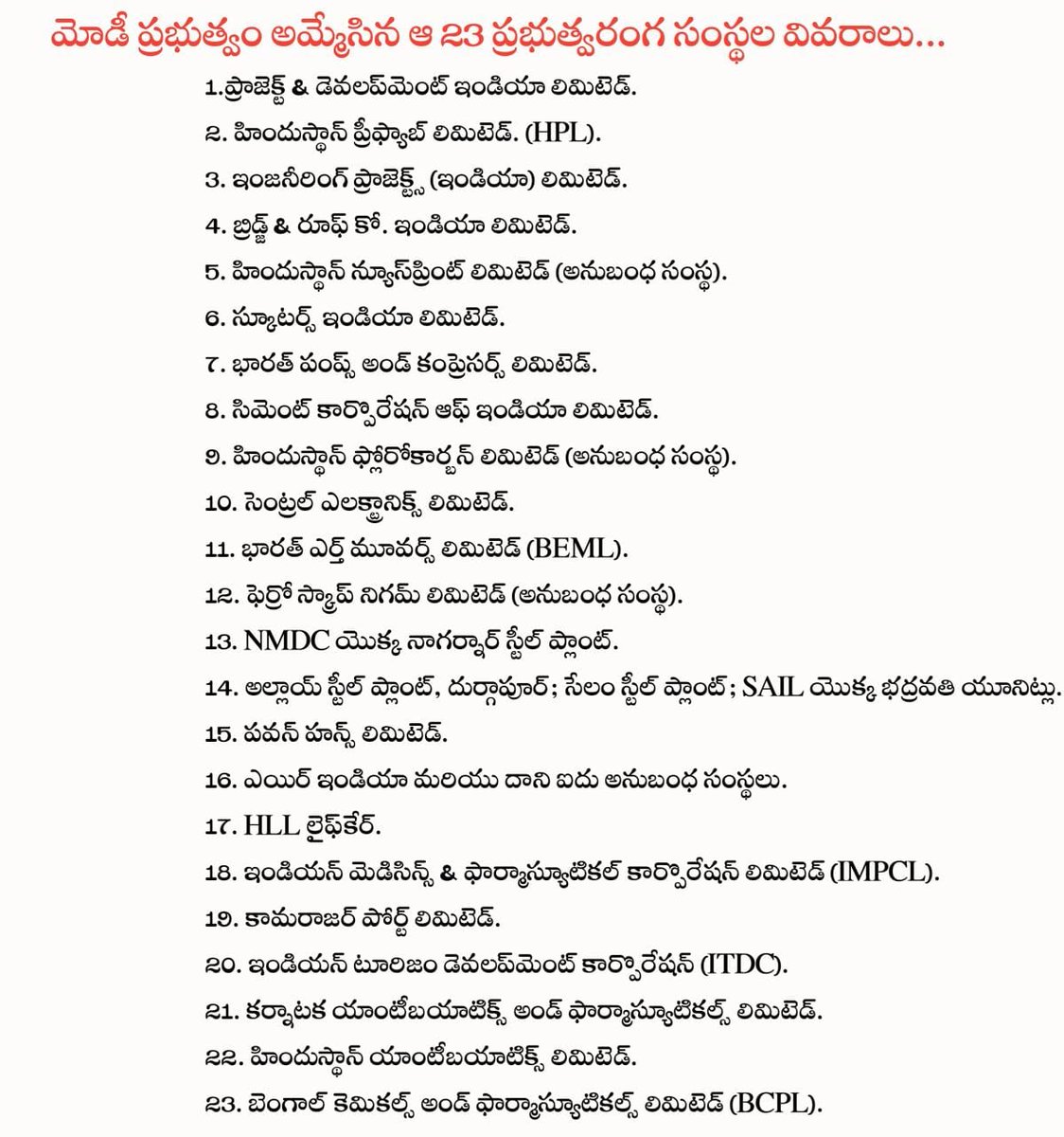 JAGANBRS's tweet photo. దేశం కోసం.. ధర్మం కోసం..
మోడీ ప్రభుత్వం అమ్మేసిన 23 ప్రభుత్వ రంగ సంస్థలు...
మోడీ ప్రభుత్వ పని తీరు వల్ల వేలాది మంది కార్మికులు, వారి కుటుంబాలు రోడ్డున పడడమే కాకుండా,
ఉపాది పొందుతున్న మరింత మంది తమ ఉపాధిని కోల్పోయారు.
#BJP_हटाओ_देश_बचाओ @KTRTRS https://t.co/S1XLYp2mHF