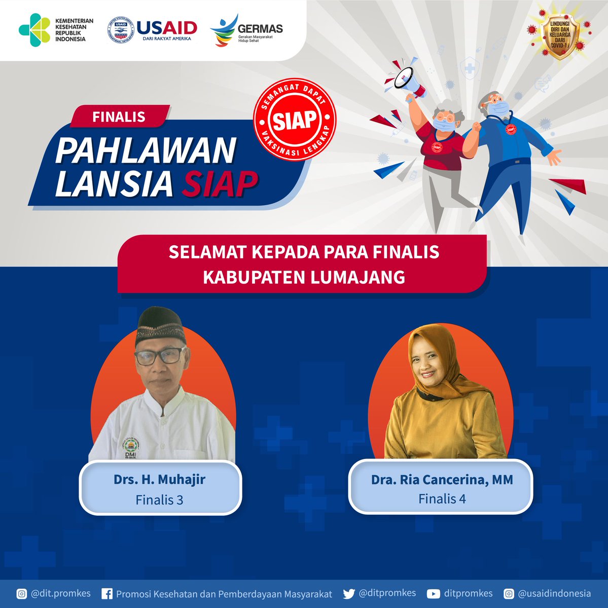 Berikut adalah finalis ketiga dan keempat Pahlawan Lansia SIAP dari
Kab. Lumajang, yaitu Bpk. Drs.H.Muhajir dan Ibu Dra. Ria Cancerina, MM.
Jadi, siapakh yg akan mnjdi pemenang Pahlawan Lansia SIAP?
Tunggu di tanggal 26 Mei 2022!
#SemangatDapatVaksinasiLengkap #PahlawanLansiaSIAP