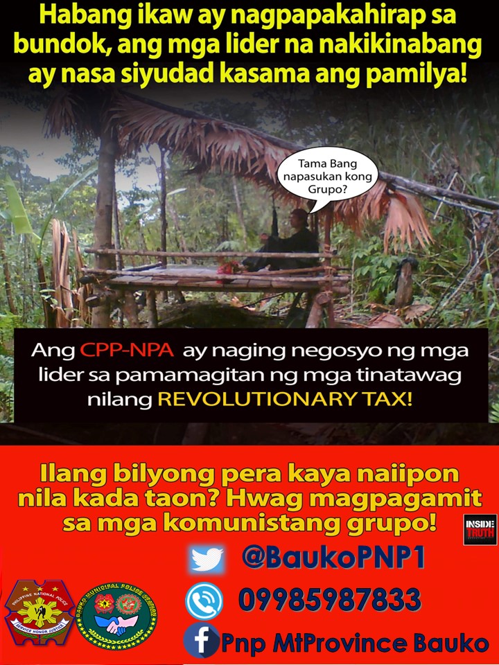 PNPBauko1's tweet photo. Habang ikaw ay nagpapakahirap sa bundok,
ang mga lider ay nasa siyudad kapiling ang pamilya
#supporteclip
#EndLocalCommunistARMConflict
#PulisAtKomunidad https://t.co/dPMNB57dqs
