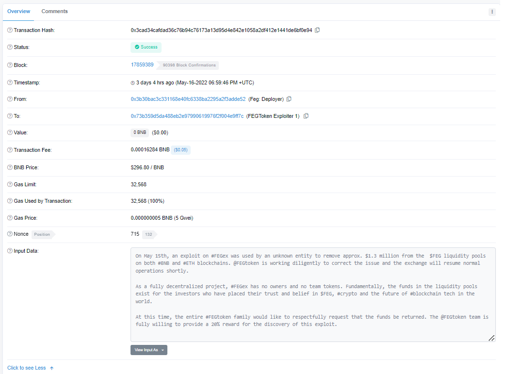 FEGfannek's tweet photo. Message to the Exploiter(s) of @FEGtoken: return liquidity to the FEG deployer wallet, keep 20% and we will label you as a "white hacker" no questions asked. #DoTheRightThing #FEG

https://t.co/5L3gcnmmFg https://t.co/aSMadL64ry