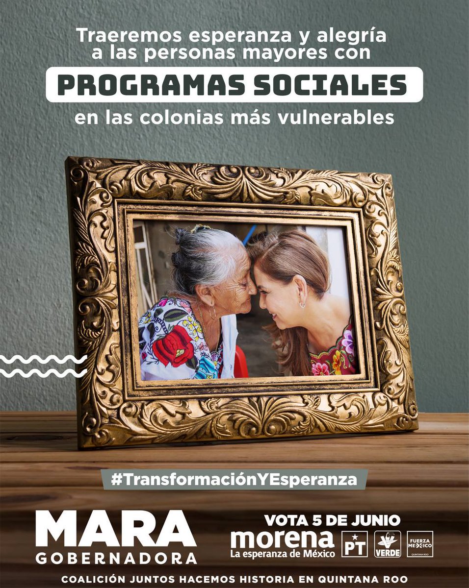 MaraLezama's tweet photo. Con la #CuartaTransformación impulsaremos programas sociales y apoyos para devolver la esperanza a nuestros #AdultosMayores. Este 5 de junio, ¡salgamos a defender el #CambioVerdadero! @PartidoMorenaMx  #QueSigaLaEsperanza https://t.co/iATKNUJ2b5