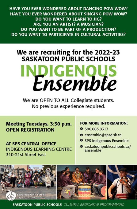 Every Tuesday at central office in the Indigenous Learning Centre , practices / rehearsals are taking place! Contact us for more info!