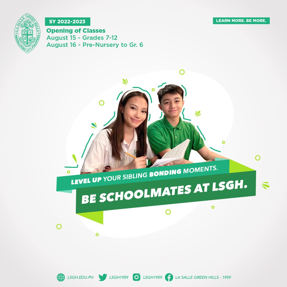 lsgh1959's tweet photo. Level up your sibling bonding moments.  
BE SCHOOLMATES AT LSGH.
Application for new male and female transferees is ongoing for Pre-Nursery to Grade 11. For requirements and other information, please visit: https://t.co/FCvnV70zgb.

#LearnMoreBeMore
#LSGHInclusive
#LSGHFLETCHv3 https://t.co/nA66kQypAo