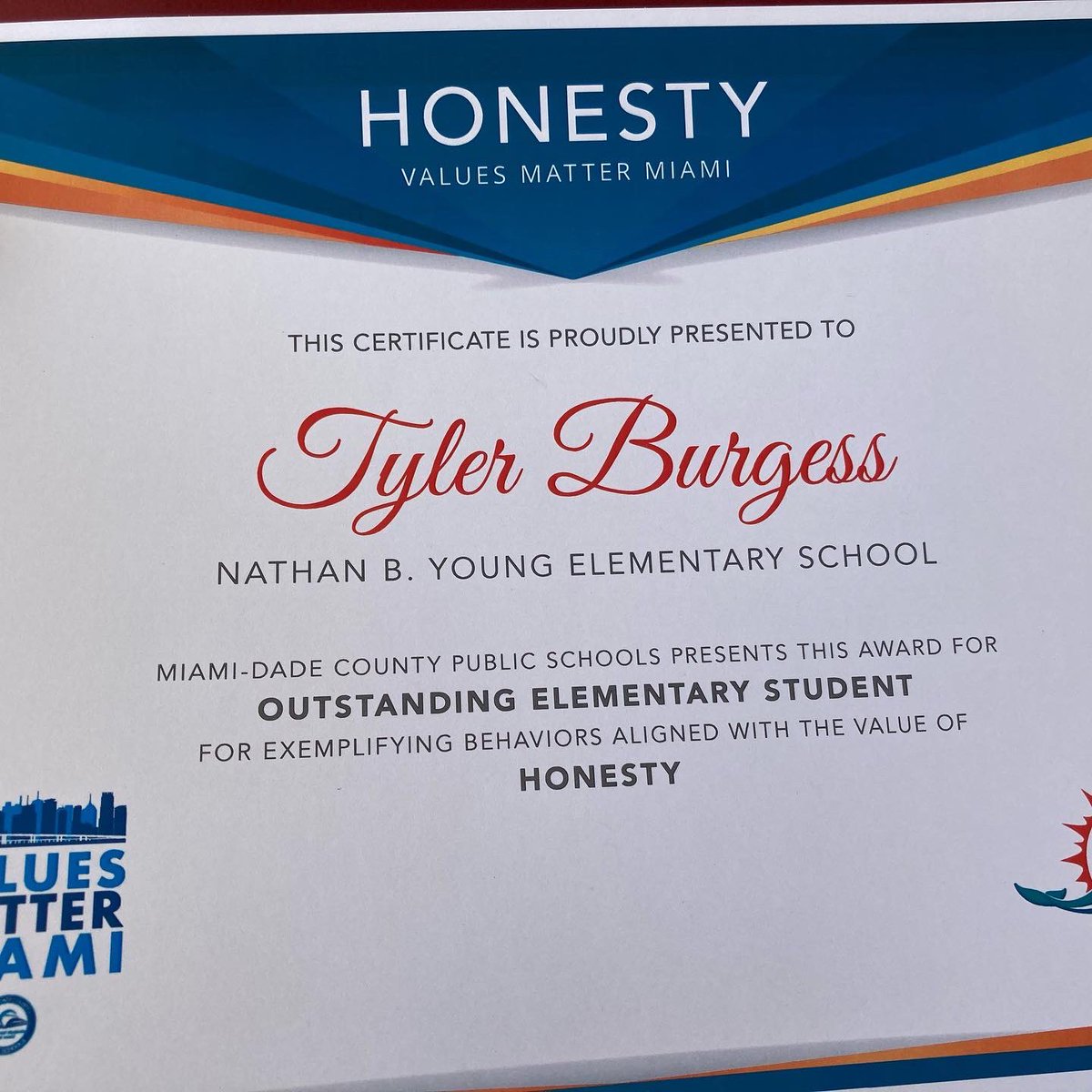NBYEAGLES's tweet photo. Congratulations Tyler on your @MDCPS Values Matter District Award! Your Honesty is admirable! GoEagles! @StdtSvcsMDCPS @MDCPSNorth @AutlerRachel #mdcpsvaluesmatter https://t.co/SvYZiY0osf