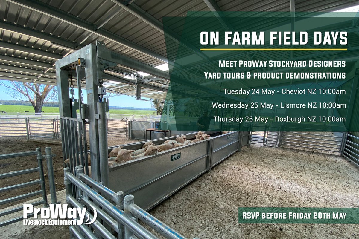 ProWay2000's tweet image. Last chance to secure your place for our Cheviot, Lismore &amp;amp; Roxburgh NZ Field Days 🐑

You&apos;ll have the chance to meet ProWay Stock Yard Designers with live ProWay yard tours and product demonstrations at three of our leading NZ facilities. 

Register: proway.com.au/events