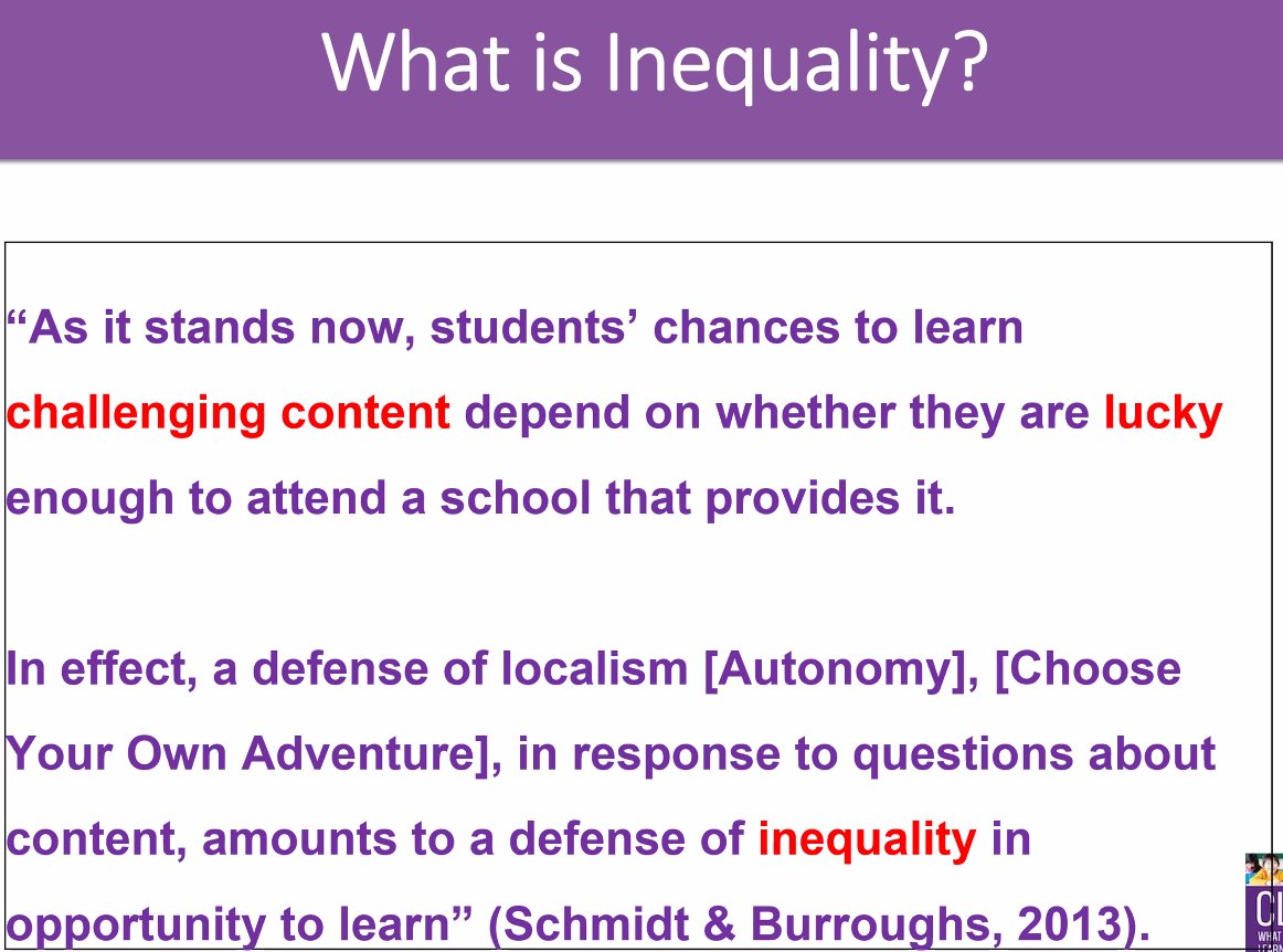 Provocation on inequality--"As it stands now, students' chance to learn challenging content depend on whether they are lucky enough to attend a school that provides it" Postcode should not determine opportunity in schools #CLARITY #MNFACES #FACESLyn <a href="/LynSharratt/">Lyn Sharratt</a> #MN_DIAL