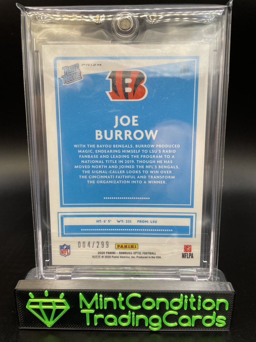 MintConditionDR's tweet photo. RAZZ !

2020 Optic Joe Burrow Rated Rookie Aqua /299

THIS WILL NOT GEM!
Lowest listed is $475 

10 spots @ $38
Top after shuffle takes the Joey B Aqua 🌊

Claim 1-10 &amp; I’ll run tonight if full https://t.co/cTQUEdj8y6
