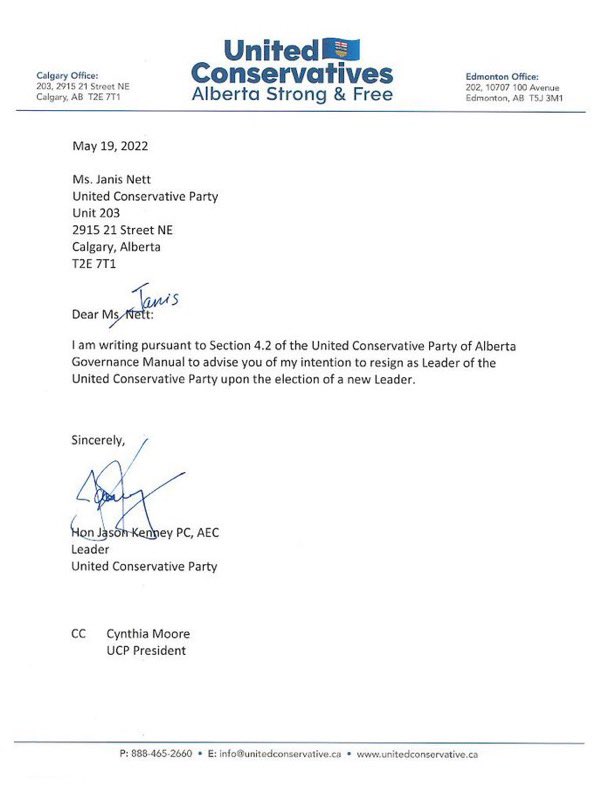 Here is @jkenney letter to UCP indicating he’ll leave when new leader is elected. #abpoli