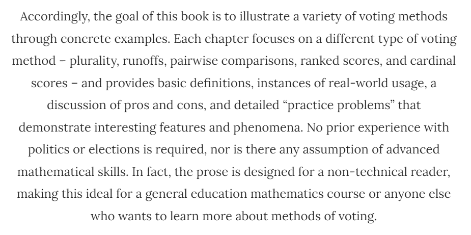 professorbrenda's tweet photo. I'm thrilled to share that I'm working with the wonderful folks at @619Wreath Publishing on my forthcoming book "An Introduction to the Math of Voting Methods"

Full description on their site: https://t.co/Ire16Ofo4y https://t.co/91e12j0FeU