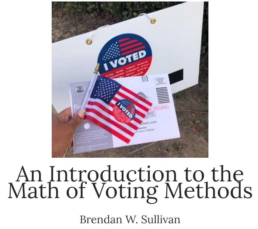 professorbrenda's tweet photo. I'm thrilled to share that I'm working with the wonderful folks at @619Wreath Publishing on my forthcoming book "An Introduction to the Math of Voting Methods"

Full description on their site: https://t.co/Ire16Ofo4y https://t.co/91e12j0FeU