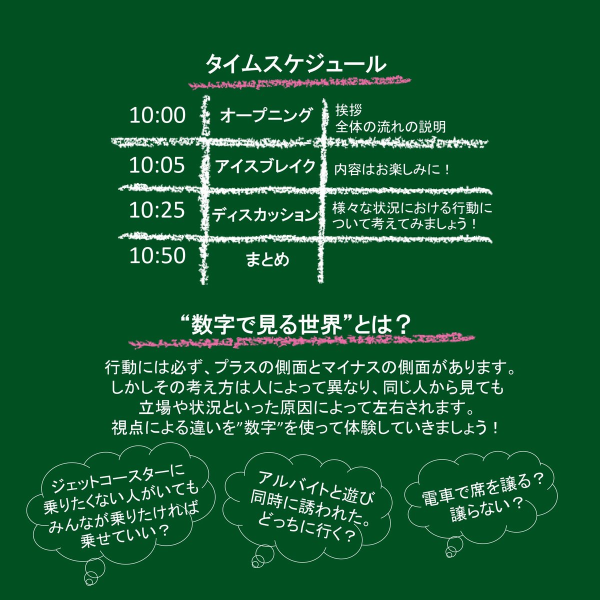 LiME_official's tweet photo. 普段何気なくしている選択は何を基準にしているのだろう？

「テスト勉強する？遊ぶ？」「電車で席を譲る？譲らない？」のような選択をどのように決定しているのかを、数字を使って考えていきます。

そんな新たな視点をLiMEによるオンラインイベント【#数字で見る世界】で育みませんか？ https://t.co/WabivvWRfQ