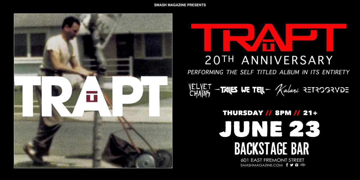 ⚡️On Sale Now⚡️

Trapt 
20th Anniversary - Performing the Self Titled Album in it's Entirety

with Velvet Chains, <a href="/TalesWeTellBand/">Tales We Tell</a>, <a href="/kaikashiyo/">kalani</a> and <a href="/Retrogrvdeband/">Retrogrvde</a>

Thursday June 23
21+  7pm
at @BackstageBarlv

Tix 👉: seetickets.us/traptlv

#Vegas #live #dtlv