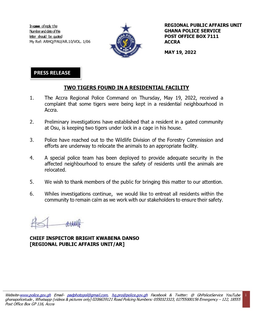 GhPoliceService's tweet photo. Two Tigers Found in a Residential Facility

The Accra Regional Police Command on Thursday, May 19, 2022, received a complaint that some tigers were being kept in a residential neighbourhood in Accra. https://t.co/t9Ck2BuFLo