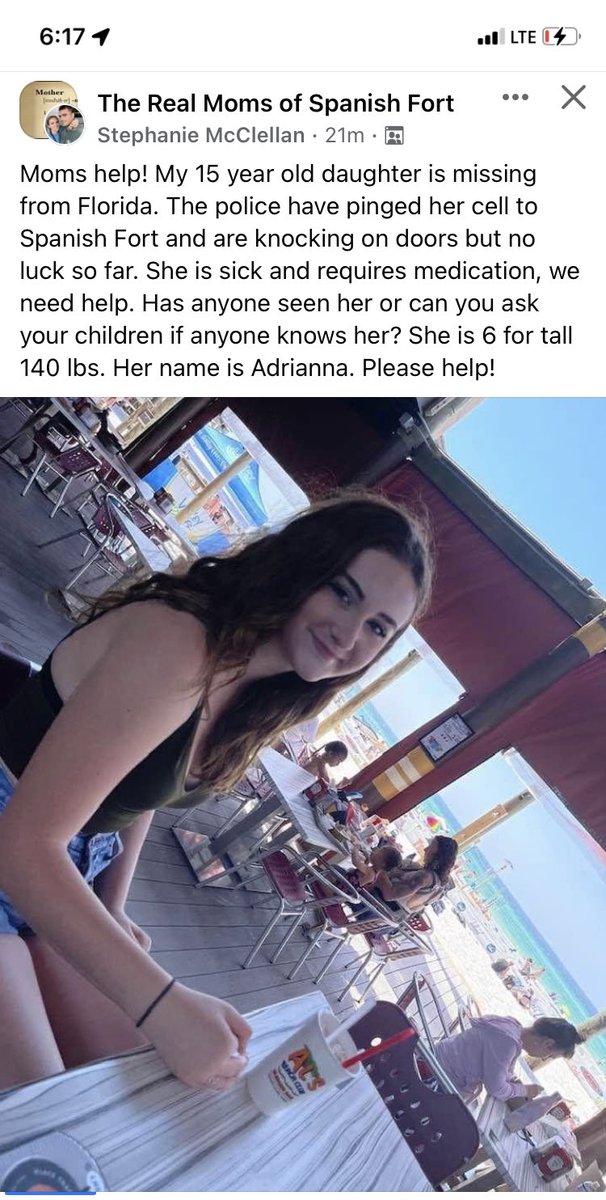 jjpetersen's tweet photo. 🚨1/2 Police have pinged missing girl from Florida in SPANISH FORT, AL !! Please keep your eye out!!!!! 🚨
Her mom posted 
“Moms help! My 15 year old daughter is missing from Florida. The police have pinged her cell to Spanish Fort and are knocking on doors but no luck so far. https://t.co/VOaI27Gkzr