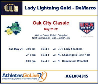 Here we come Raleigh, ready to kick off our summer tournament schedule at the Oak City Classic. If you can’t watch us on the field, catch us on AGL 004315. #weAreReady ⚡️ #getstruck