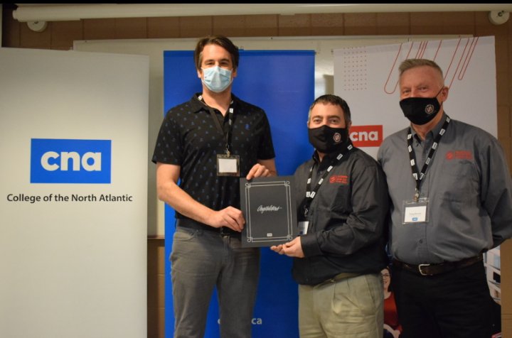 The recipient of the CNA Kinsmen Service Award this year is Hannah Crewe.  Hannah was unable to attend the ceremony in person, so accepting the Award on her behalf is CNA’s Student Council President, Josh Jacobs (pictured left) along with Kin Cory Sheppard, &amp; Kin LM Greg Barnes.